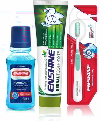 Enshine Combo Pack of Herbal Toothpaste (100g), Mint Mouthwash (150ml) and Advanced Toothbrush 1Pc