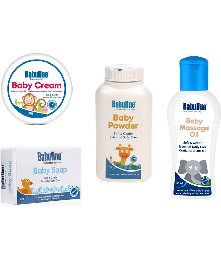 Babuline Complete Baby Care Kit Baby Massage Oil 50ml, Bar 50gm, Baby Cream 50gm, Baby Powder 50gm for New Born Babies Bath & Skin Essentials Combo Value Pack Baby Shower Gift Set (Pack of 4)