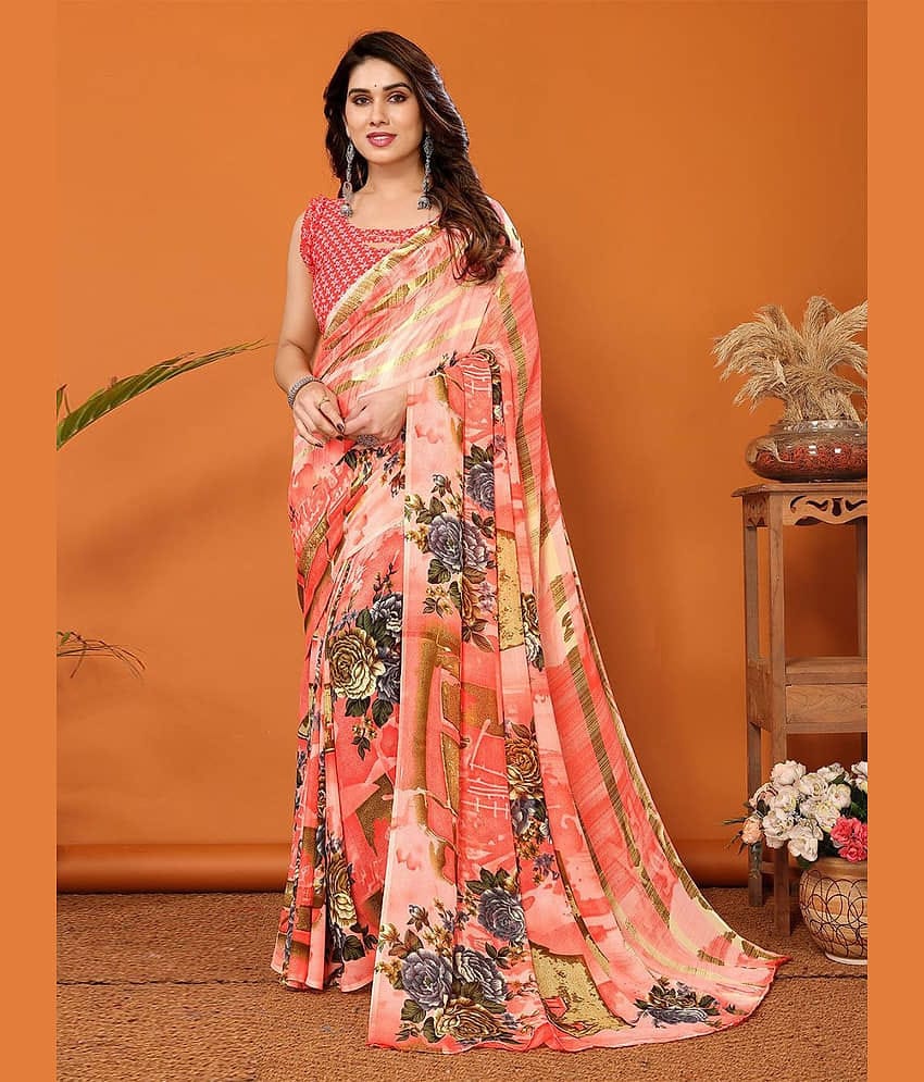 ANAND SAREES Georgette Printed Regular Saree With Unstitched Blouse Piece ( Pink )