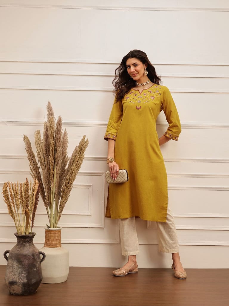 Mustard Floral Embroidered Kurta