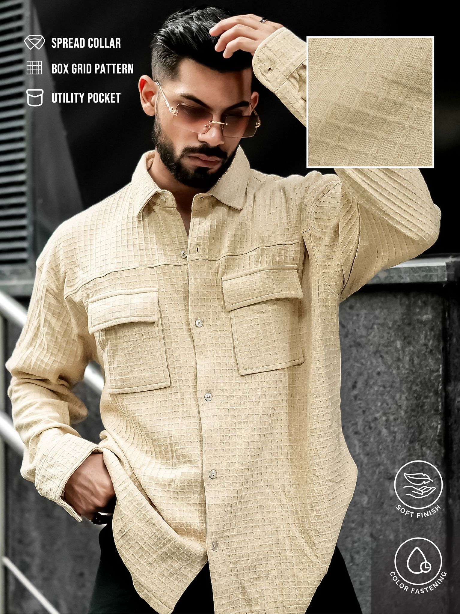 Box Grid Beige Shirt-S / Beige