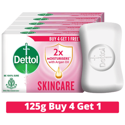 Dettol Skincare Pure Glycerine Soap, Protection from Skin Infection Causing Germs, 125G Buy 4 Get 1 Free