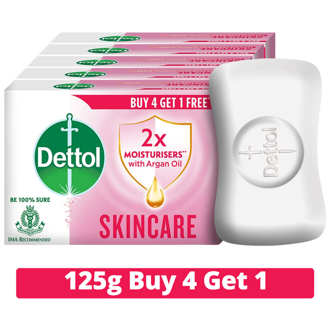 Dettol Skincare Pure Glycerine Soap, Protection from Skin Infection Causing Germs, 125G Buy 4 Get 1 Free
