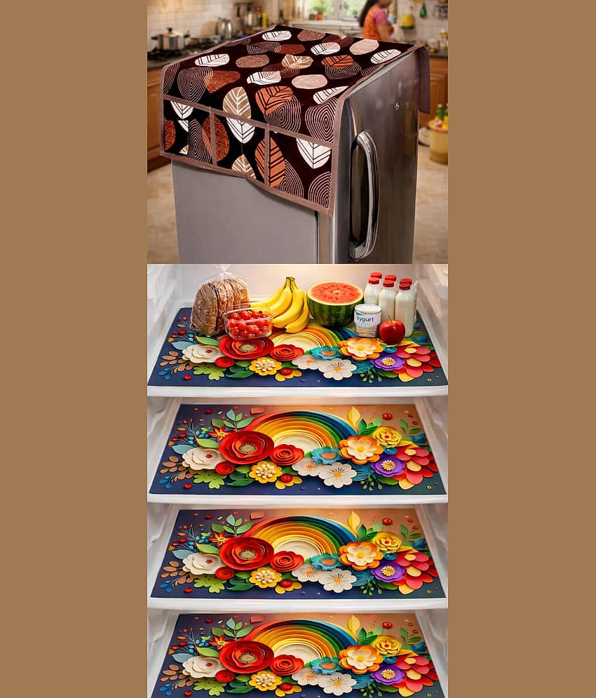 Revexo PVC Floral Fridge Mat & Cover ( 44 30 ) Pack of 5 - Purple