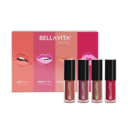 Bella Vita Organic Mini Kiss Proof Liquid Lipstick Gift Set of 4x2ml | Smudge & Transfer-Proof | Intense Moisturisation | Just Nude, Berry Nude, Mocha Madness, Cherry Pop | Lipstick Combo Set Bella Vita Organic Mini Kiss Proof Liquid Lipstick Gift Set of