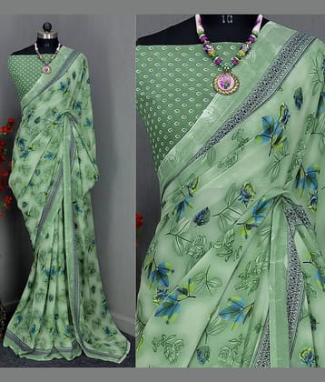 Rekha Maniyar Georgette Printed Saree With Unstitched Blouse Piece ( Green )