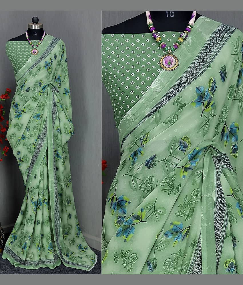 Rekha Maniyar Georgette Printed Saree With Unstitched Blouse Piece ( Green )