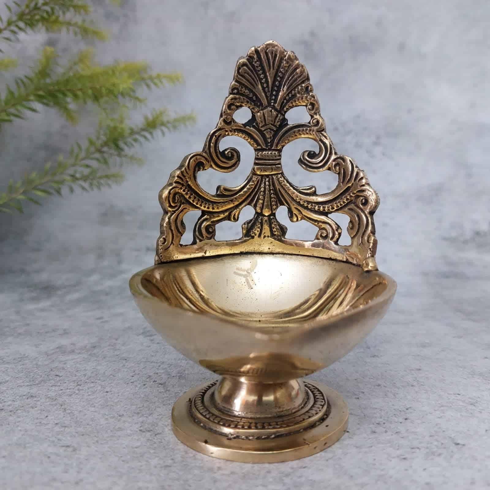 Brass Designer Diya - 4.8 inch Height | Elegant Brass Diya with Unique Design