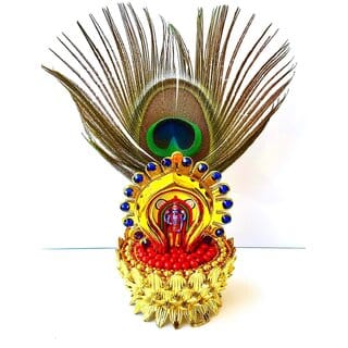 Divine Bliss Lord Krishna Decorative Pooja Idol, Gold Plated Lotus Base with Peacock Feather, Red Rosary Beads, Religious Home Temple Dcor