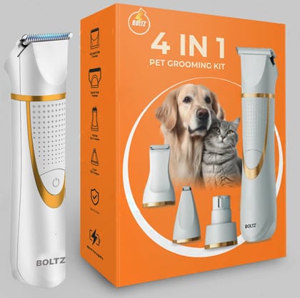 Boltz 4 in 1 Dog & Cat Hair & Paw Trimmer with Nail Grinder Silent Cordless Grooming Kit for Pets USB Rechargeable, IPX7 Waterproof, 4 Attachments for Paws, Ears, Face & Nails (White Gold) Boltz 4 in 1 Dog & Cat Hair & Paw Trimmer with Nail Grinder Silen