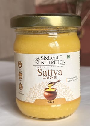 SixLeaf Sattva Cow Ghee 100ml Trial Pack |  Bilona Churned | Grass-Fed Cow Milk | No Preservatives | Rich Aroma, Taste & Nutrients | Premium Glass Jar.