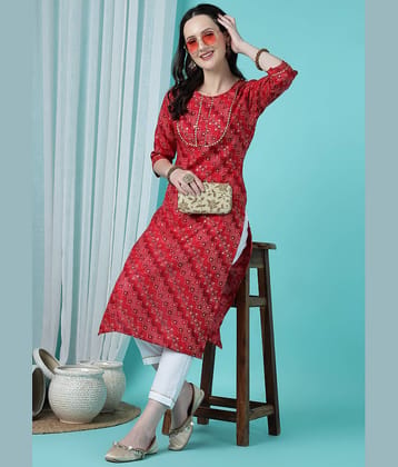 TRAHIMAM Cotton Blend Printed Kurti With Pants Women's Stitched Salwar Suit - Red ( Pack of 1 )