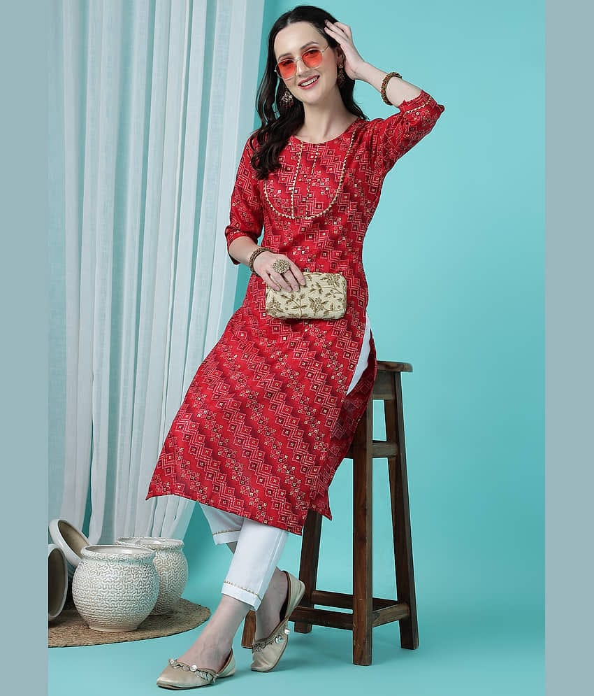 TRAHIMAM Cotton Blend Printed Kurti With Pants Women's Stitched Salwar Suit - Red ( Pack of 1 )