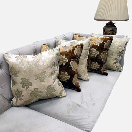 GOODVIBES Brown Ivory Cushion Cover with Leaf Zari Embroidered Stitched Zippered Velvet Combo Cushion Cover (Off White ) | 24X24 Inches | 60cm * 60 cm I Set of 5| GOODVIBES Brown Ivory Cushion Cover with Leaf Zari Embroidered Stitched Zippered Velvet Combo Cushion Cover (Off White ) | 24X24 Inches | 60cm * 60 cm I Set of 5|