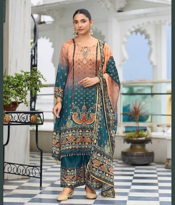 MOJILAA Women Chiffon Printed Flared Kurti With Palazzo ( Peach )