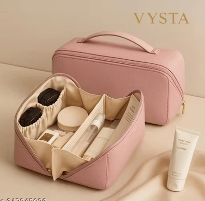 VYSTA Premium Leather Travel Makeup Bag | Large Capacity Cosmetic Organizer for Women | Multi-Compartment Toiletry Kit | Luxury PU Leather Vanity Case with 180 Opening | Travel Essentials Pouch | Multi-color