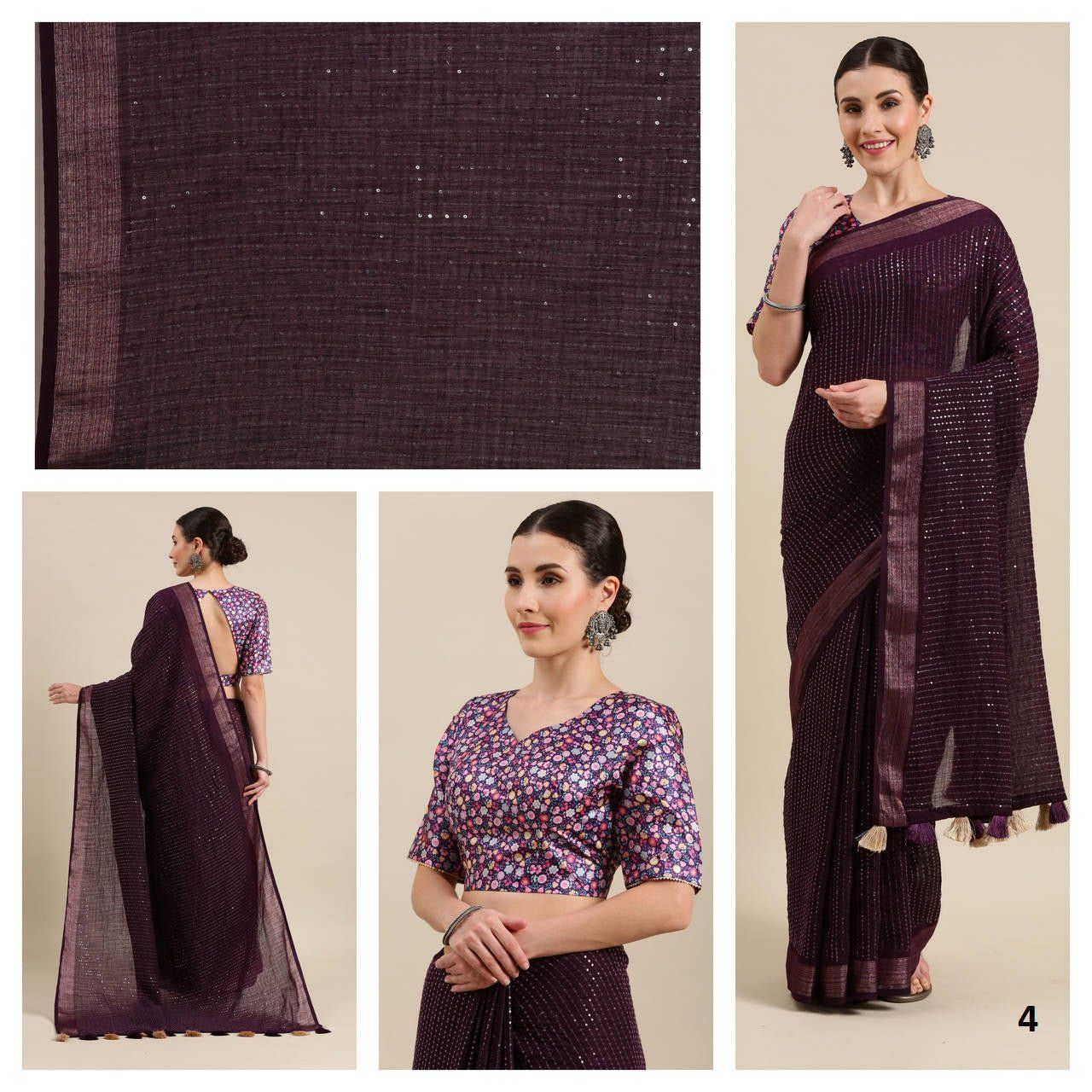 Wine Color Sequence Silk Border Cotton Blend Saree.
