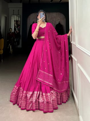 Magenta Chanderi Lehenga Set with Zari Weaving Border & Sequin Embellished Dupatta-free-size