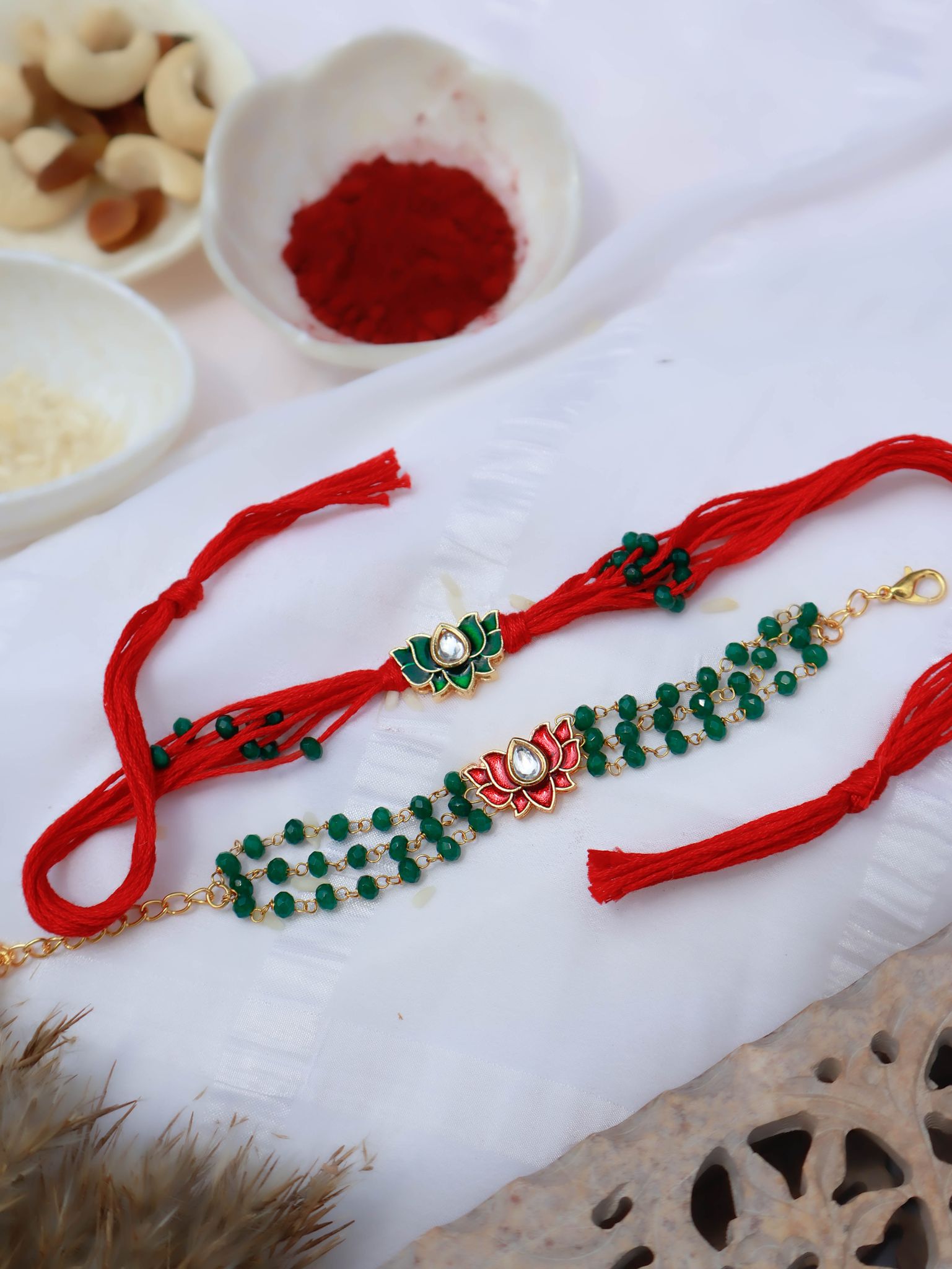 Surkh Lotus Rakhi and Lumba Set-Green