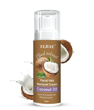 ELHAE Coconut Oil Hair Removal Cream Gentle & Alcohol-Free Hair Remover for Face & Lips, Smooth & Spotless Skin 50g