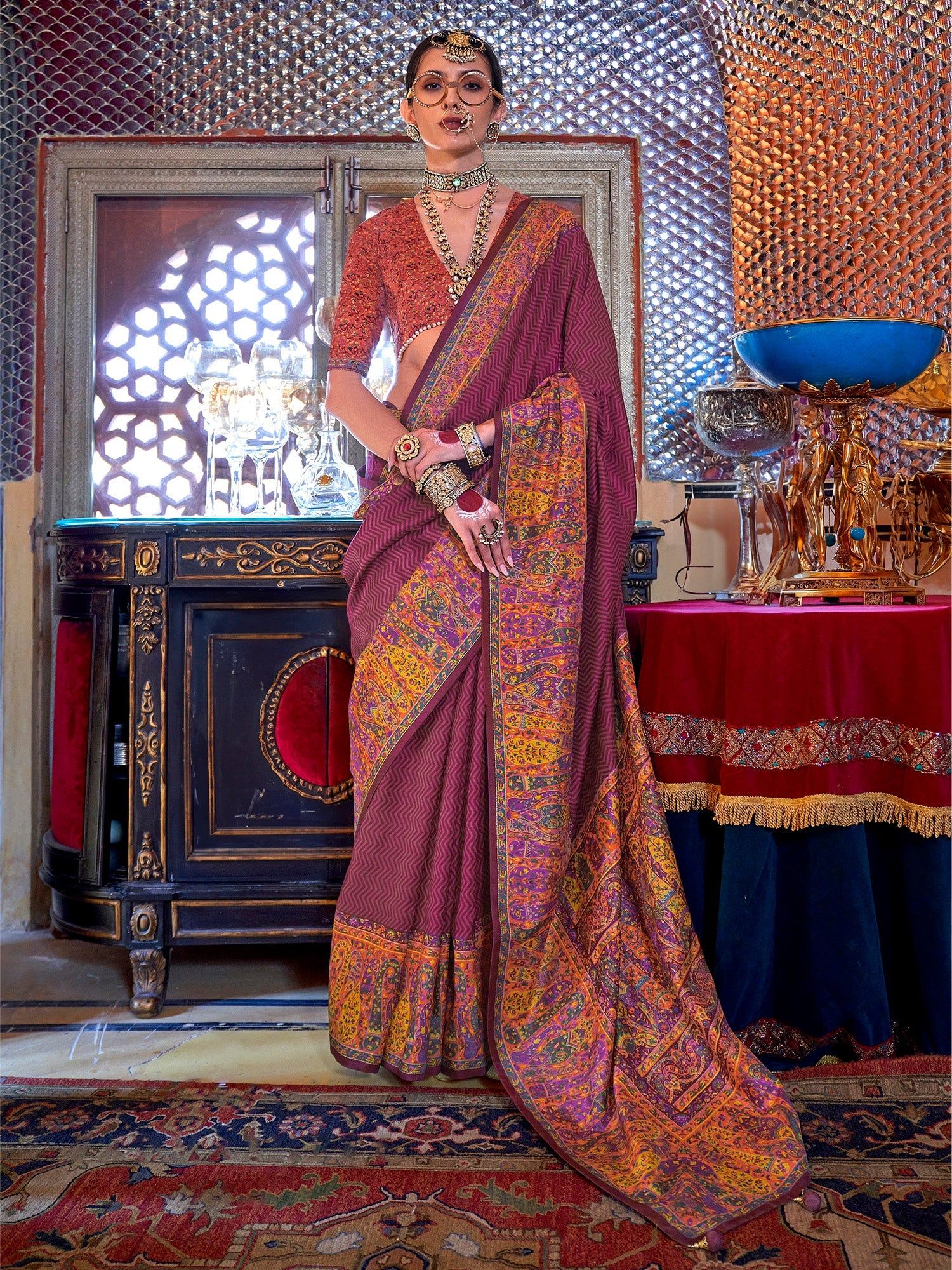 Maroon Soft Silk Stripes & Pashmina Printed Saree