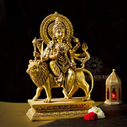 Brass Goddess Maa Durga/Ambe/Sherawali Idol With 8 Armed-H*L*W = 18*10.5*13Inches (46*27*33 Cm) / Brass