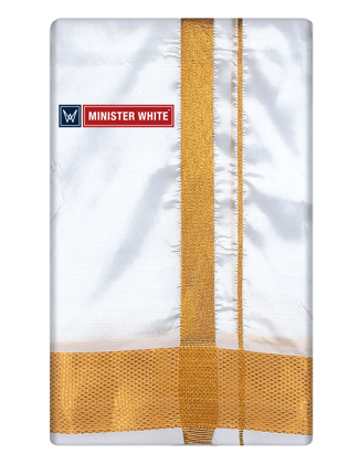 Mens Art Silk White Double Dhoti with 100K Gold Jari Border - Gaya 100K-4Mtr / White