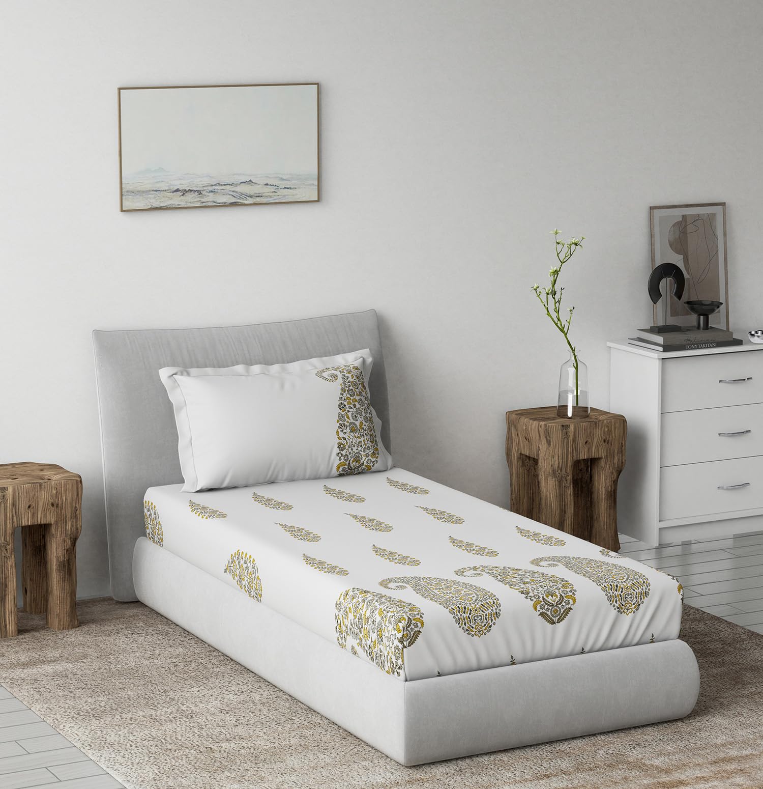 DDECOR - Radiance Collection 100% Cotton Global Ethnic Pattern 145TC Single Bedsheet|152 CM X 224 CM| - Yellow