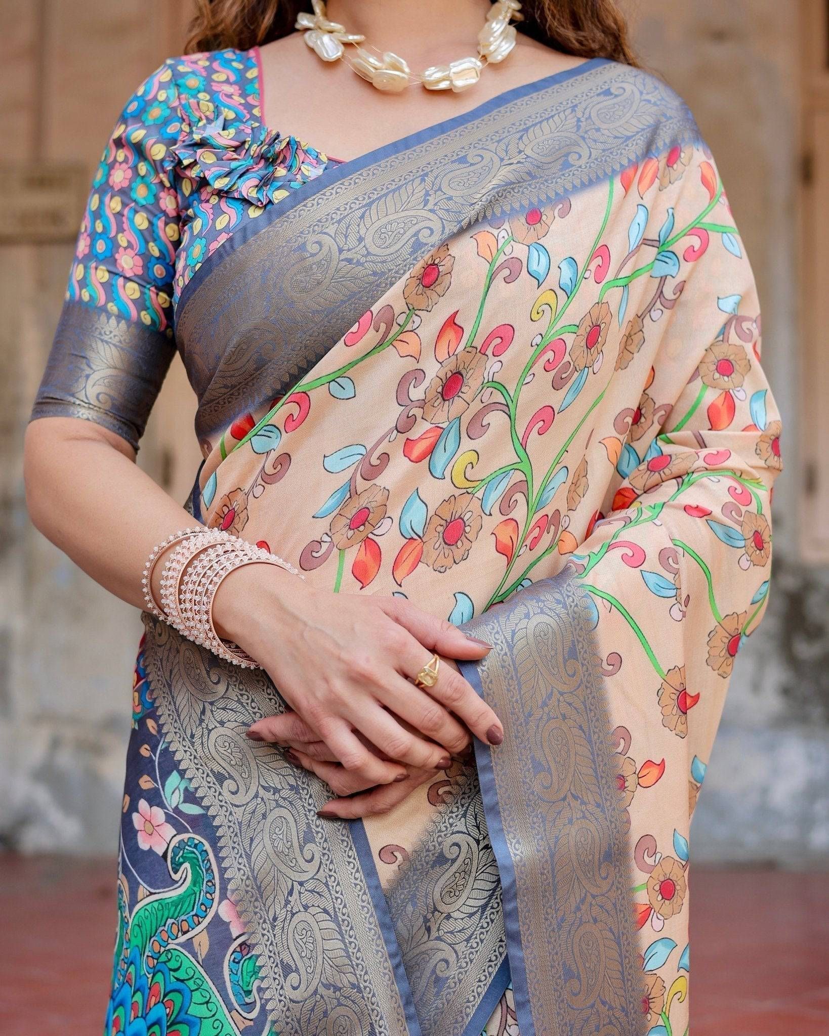 Peach and Navy Blue Floral Saree with Vibrant Peacock Pallu and Tassel Detailing-Regular
