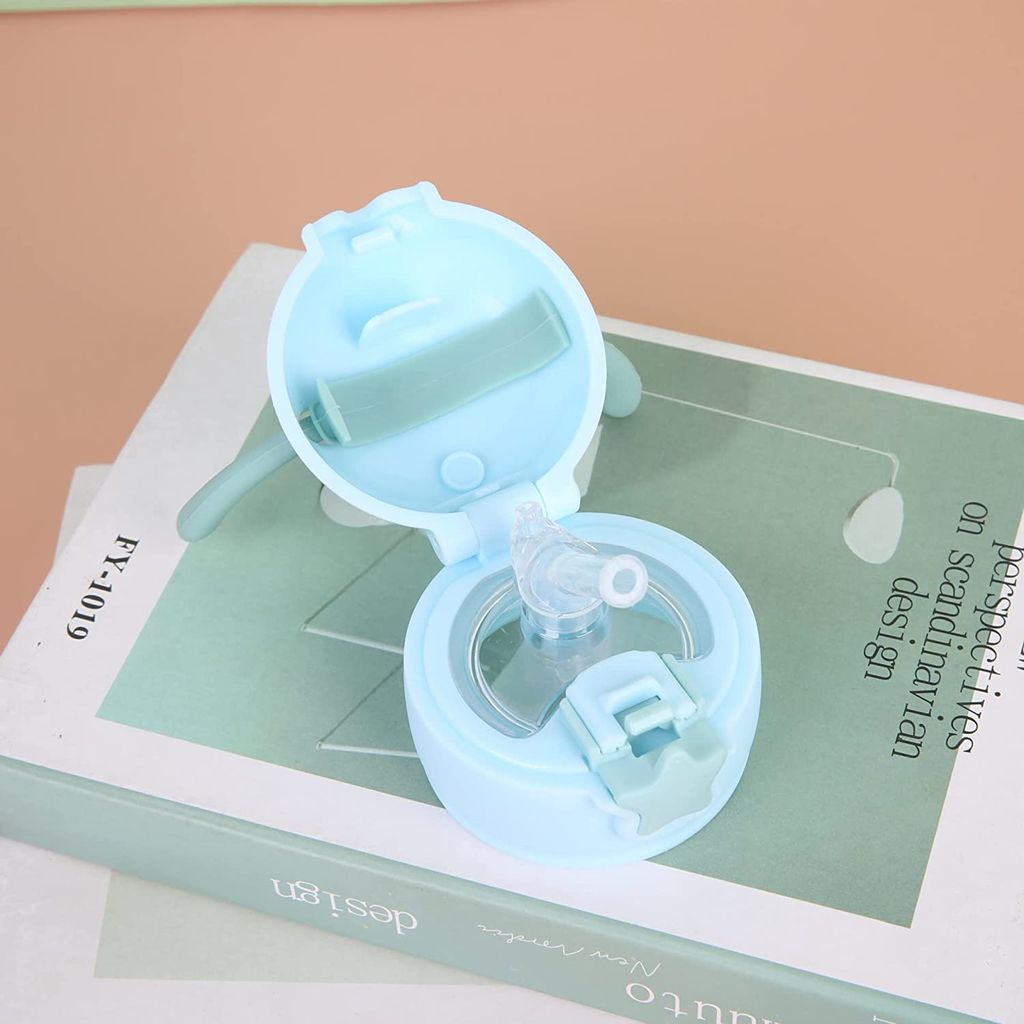 Cartoon Printed Sipper Water Bottle with Straw & Cover for Children - Stainless Steel Flask 500 ML (Blue)