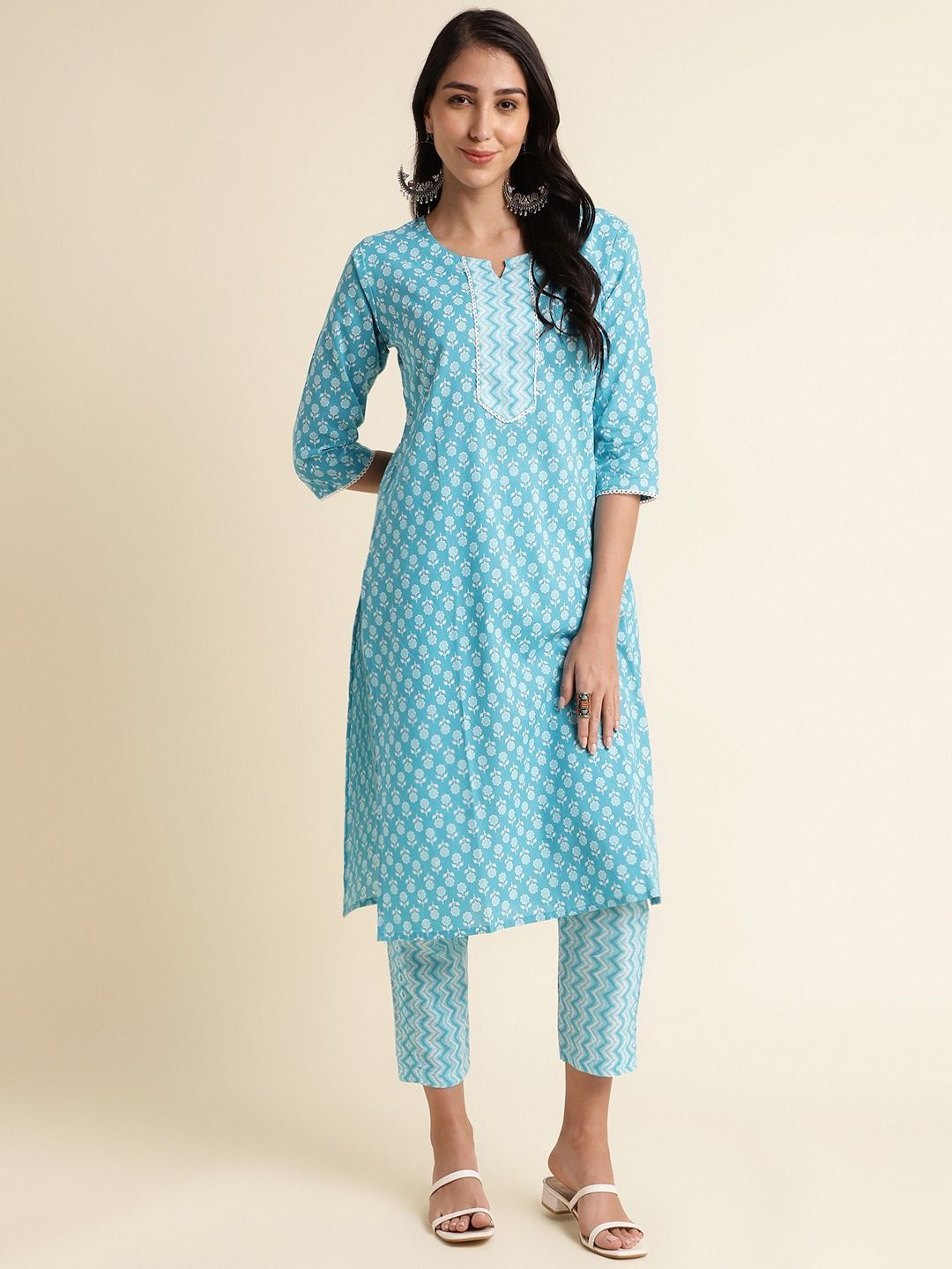 Women's Sky Blue Floral Block Print Cotton Kurta Set