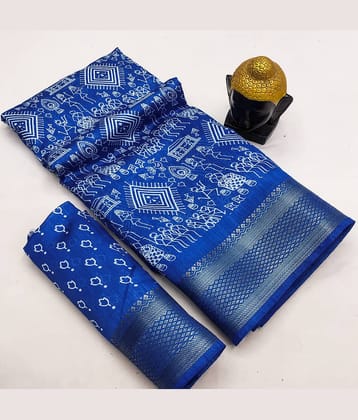 HEMA SILK MILLS Silk Blend Printed Saree With Unstitched Blouse Piece ( Blue )