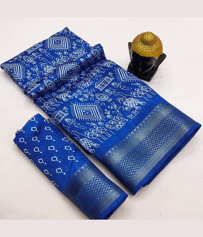 HEMA SILK MILLS Silk Blend Printed Saree With Unstitched Blouse Piece ( Blue )