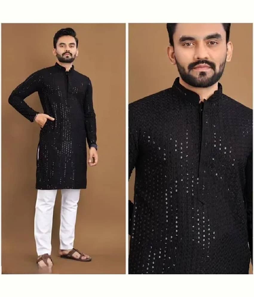 Gazal Fashions Cotton Blend Embroidered Regular Kurta For Men ( Black )