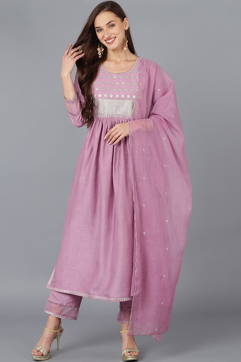 Lavender Silk Blend Solid Straight Kurta Trousers With Dupatta PKSKD1722