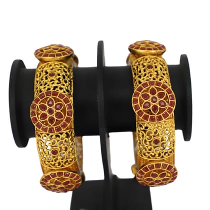 Trendisia Antique Gold-Plated Filigree Bangles with Floral Disc Motifs & Ruby Stones