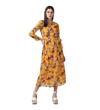 Women's Polyester Floral Long Sleeves Calf-Length Dress (Yellow, M)-PID55769 Women's Polyester Floral Long Sleeves Calf-Length Dress (Yellow, M)-PID55769