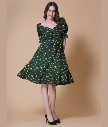 GOD BLESS Women Rayon Printed Fit & Flare Dress ( Green )