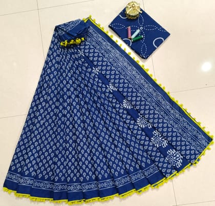 Cotton Malmal Block Print Blue  | Handmade block print | Silk Saree| Festive Wear |Yellow 