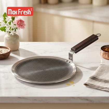 Premium Triply Stainless Steel Honeycomb Tawa Non-Stick Roti/ Parathas/ Concave Tawa | Scratch Resistant | Induction Friendly | Riveted Cool Touch Handle | 3.5mm Thickness | 1 Years Warranty MaxFresh Cookware 24 CM