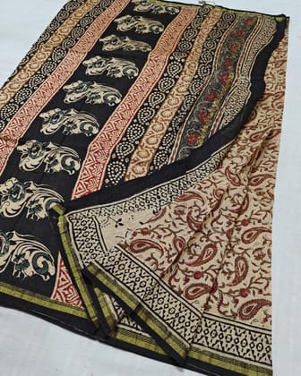 Whispering Petals Kalamkari Chanderi Silk Quiet Beige Saree