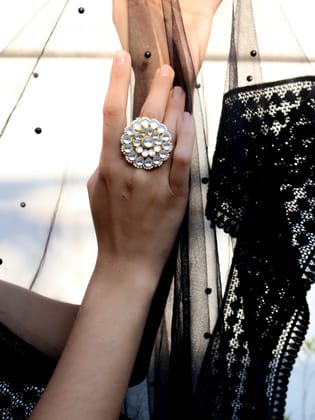 Mizo Floral Kundan Ring-Gold