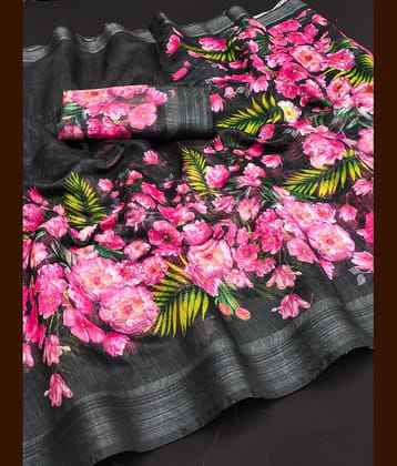 HEMA SILK MILLS Linen Printed Regular Saree With Unstitched Blouse Piece ( Black )
