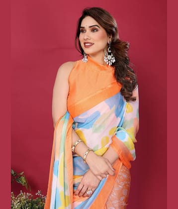 Gazal Fashions Chiffon Printed Saree With Unstitched Blouse Piece ( Orange )