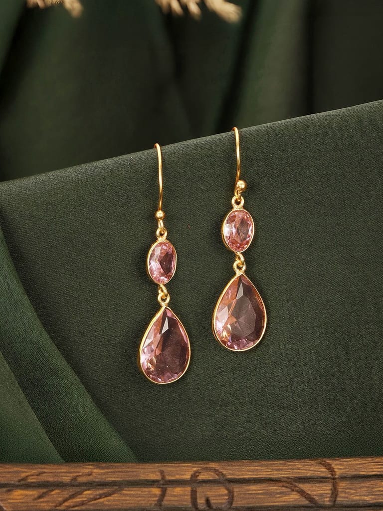 Gold Toned Blush Pink Cyrstal tear drop dangler shaped minimal Earrings - Earrings | Buy online on ZillyBuy