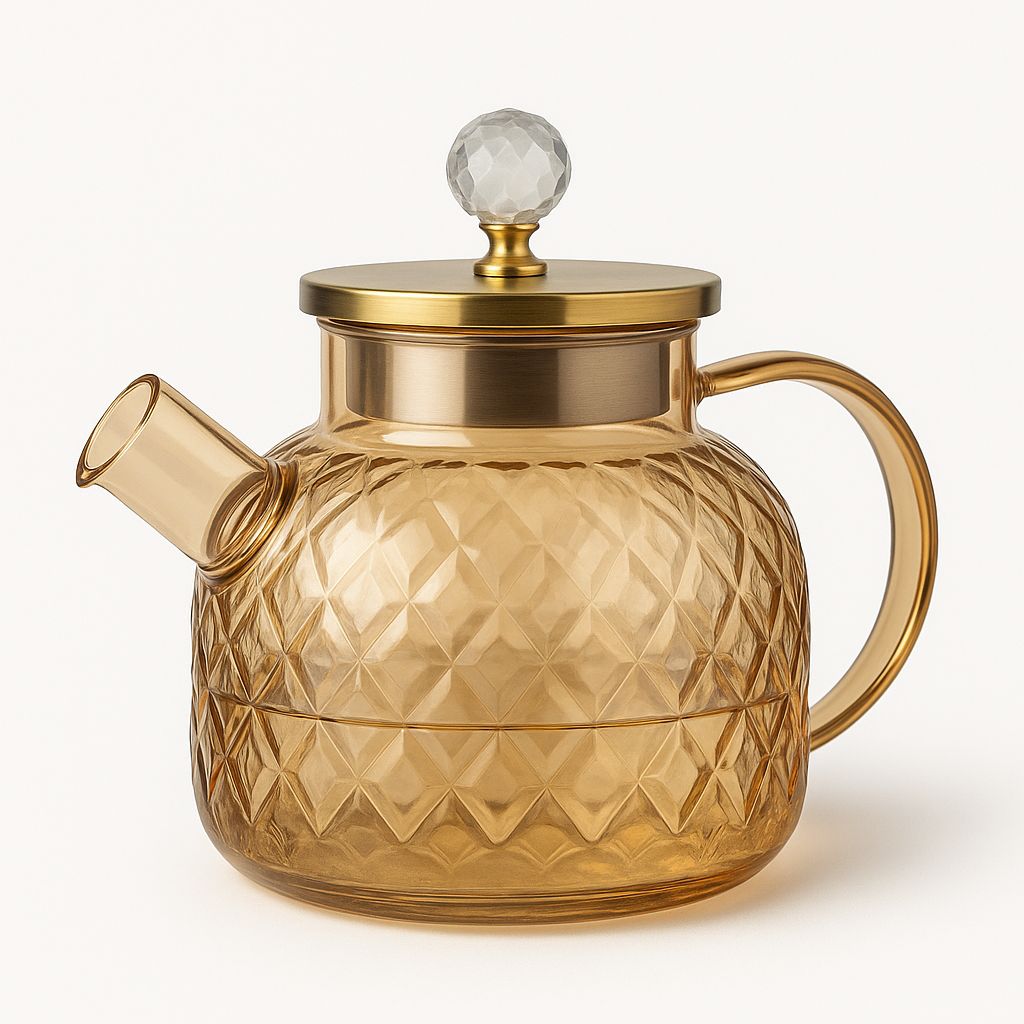 LA' VITE 1L Borosilicate Glass Kettle Heat-Proof | Golden Stainless Steel Lid | Crystal Knob | 304 SS Strainer | Flame, Induction & Microwave Safe