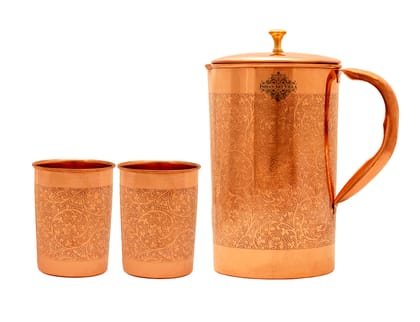 Pure Copper Embossed Jug Pitcher With Embossed Glass, Storage & Serving Water, Yoga Ayurveda Healing-3
