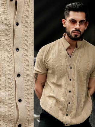 Ribbed FlatKnit Beige Half Sleeve Shirt-S / Beige