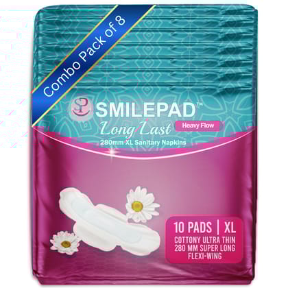 Smilepad Long Last Sanitary Pads for Women | 280mm XL Size Cottony Ultra-thin Sanitary Napkins with Long Flexi Wings for Extra Coverage | Combo Pack of 8 - (80 Pads)