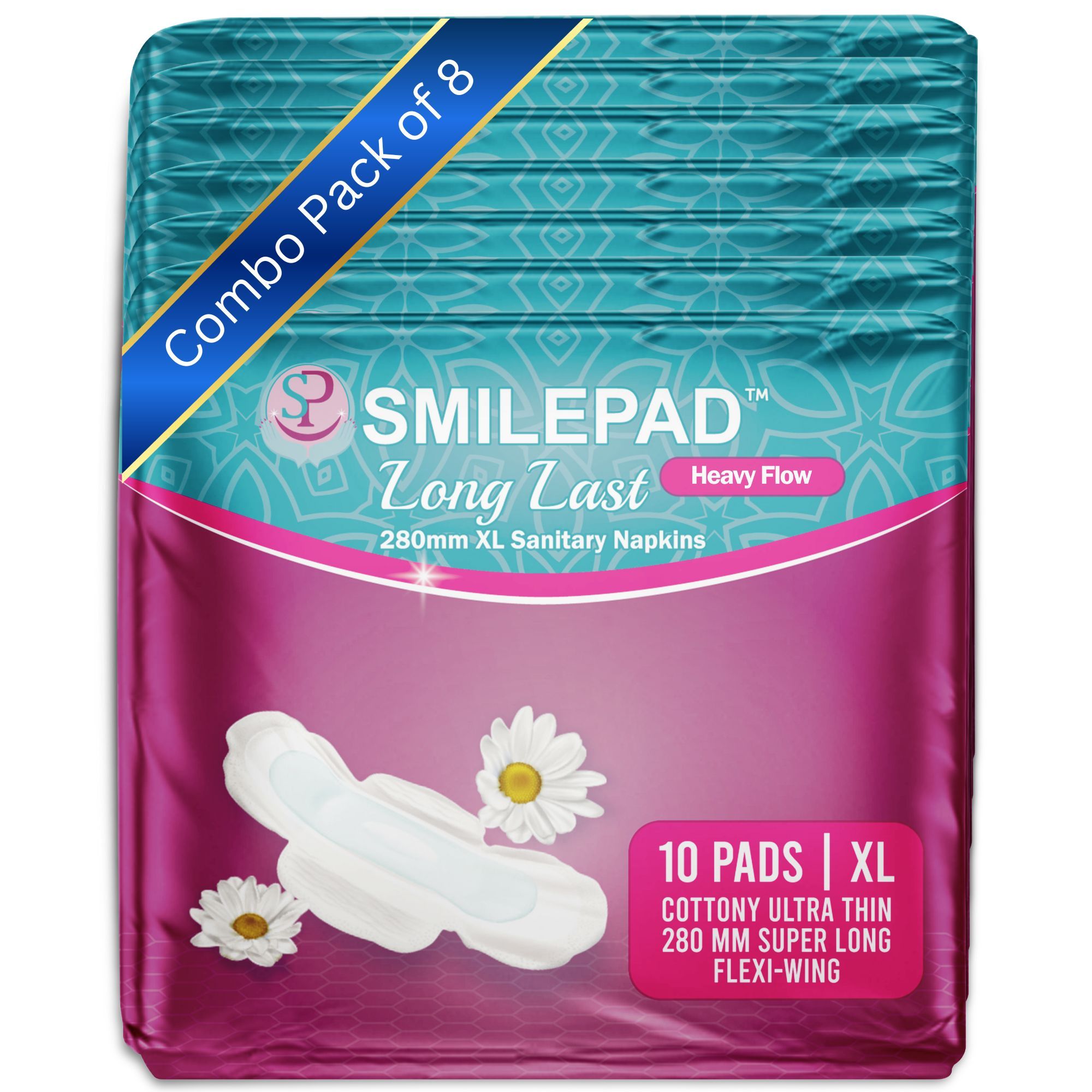 Smilepad Long Last Sanitary Pads for Women | 280mm XL Size Cottony Ultra-thin Sanitary Napkins with Long Flexi Wings for Extra Coverage | Combo Pack of 8 - (80 Pads)